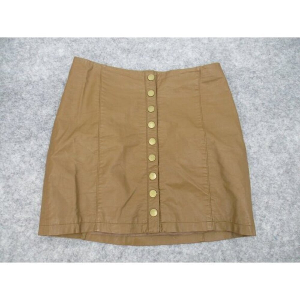 Free People Womens Skirt 10 Tan Brown Faux Leather Mini Snap Button Front Casual